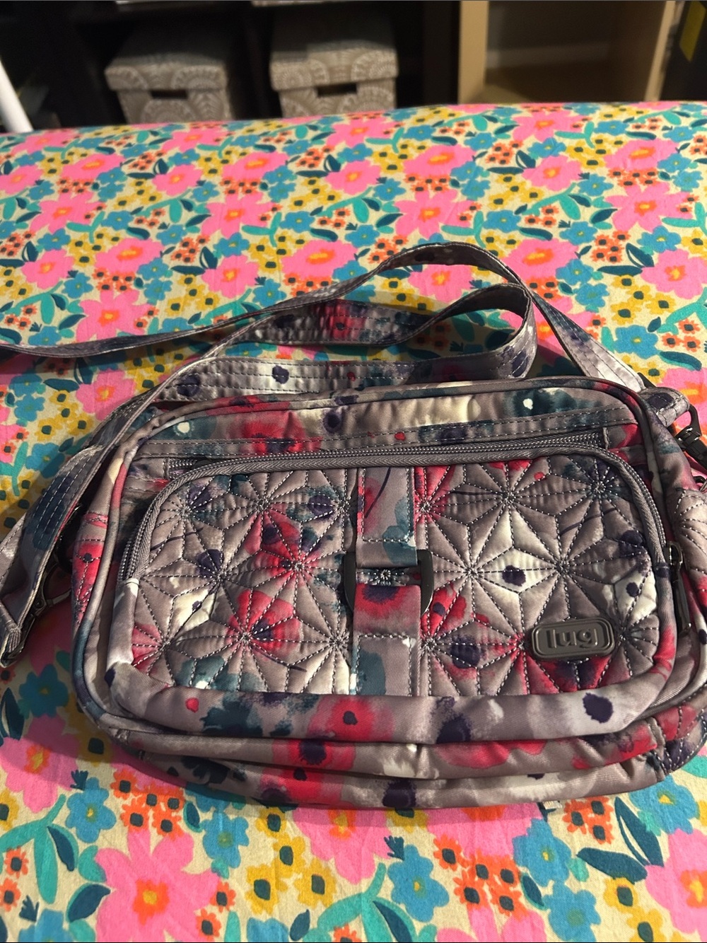 Lug Carousel Quilted Nylon  Crossbody in Gray with Pink & Teal Accents